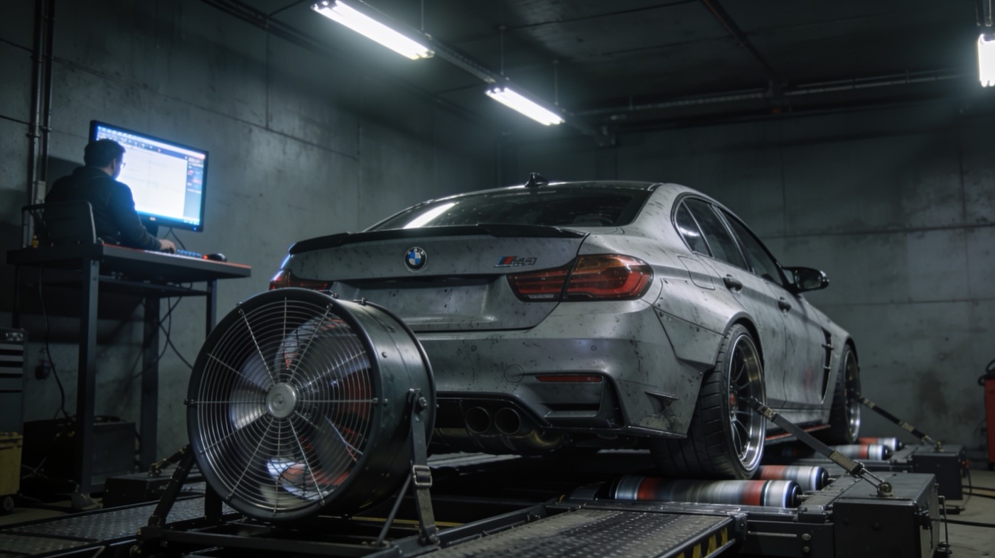 A modified German performance sedan in the shop with a technician at a monitor