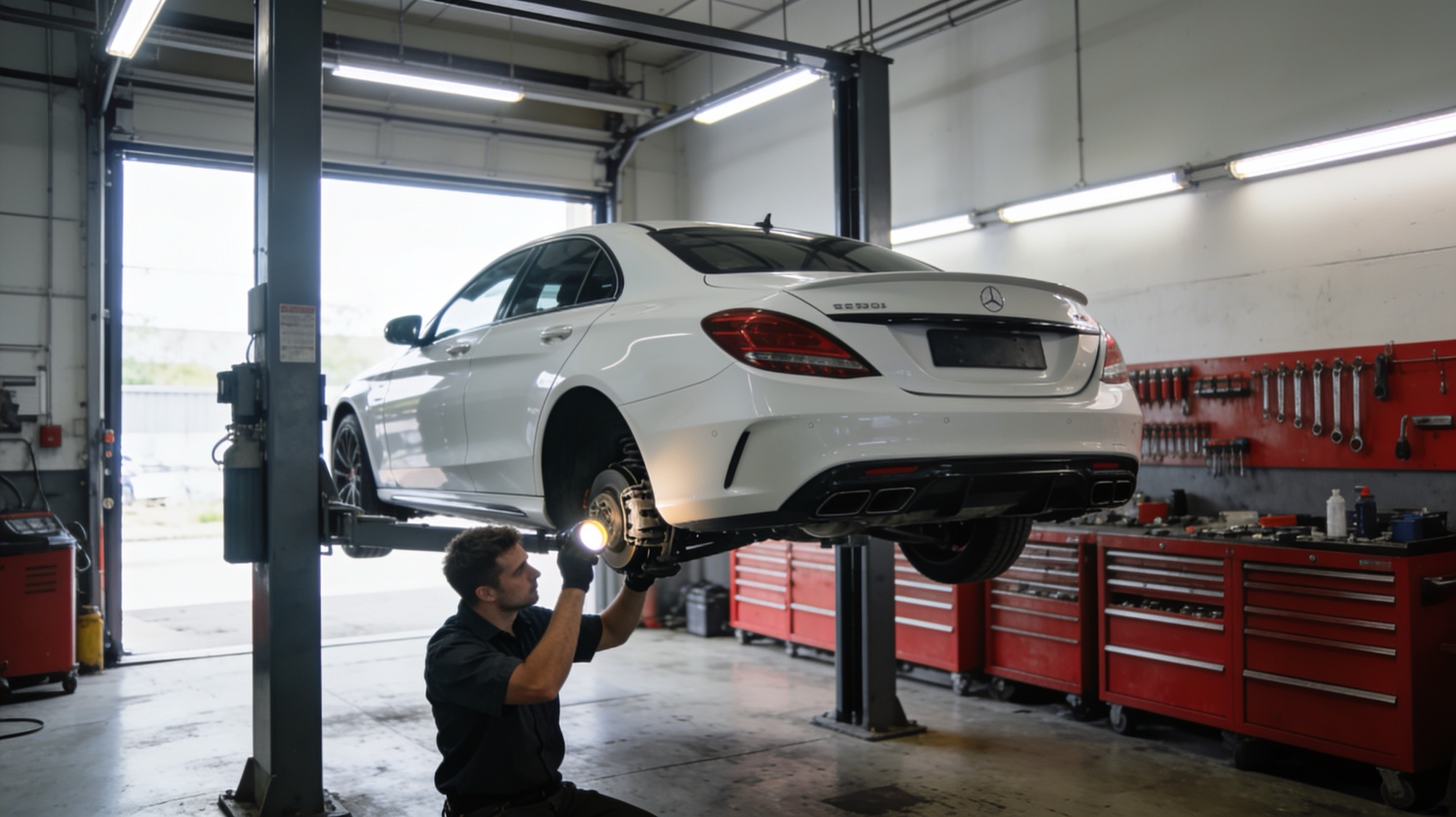A German sports car raised on a two-post lift
