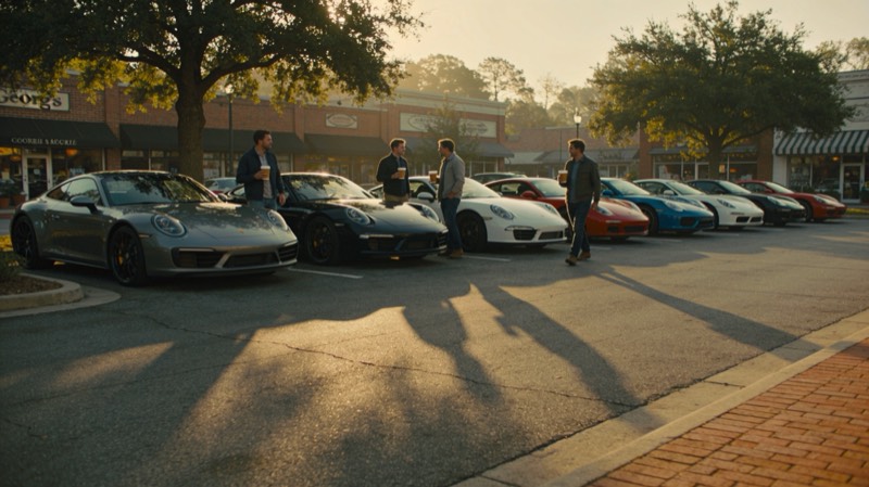 European sports cars lined up at an early morning cars and coffee meet