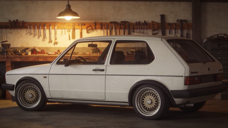 A classic 1980s German sports hatchback in a vintage workshop