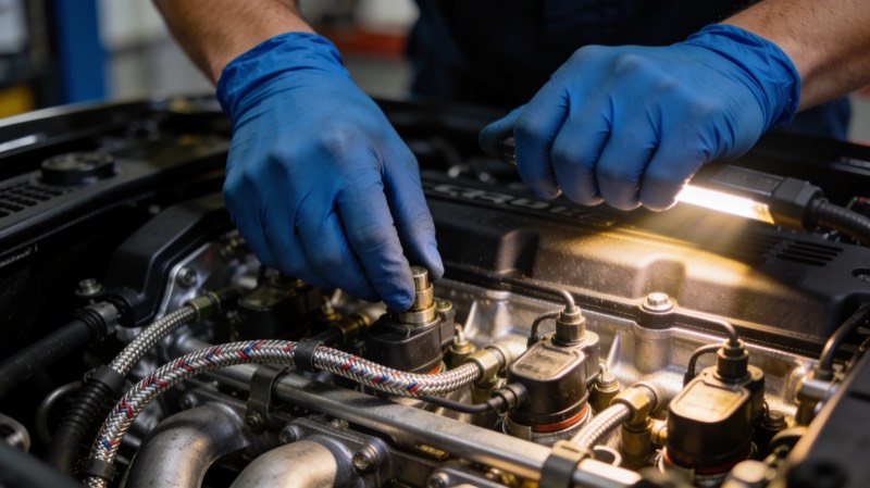 A technician's gloved hands working on the fuel system of a twin turbo inline six